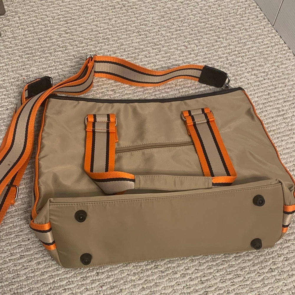 Men's Tan Messenger Bag with Orange Trim and Striped Shoulder Strap